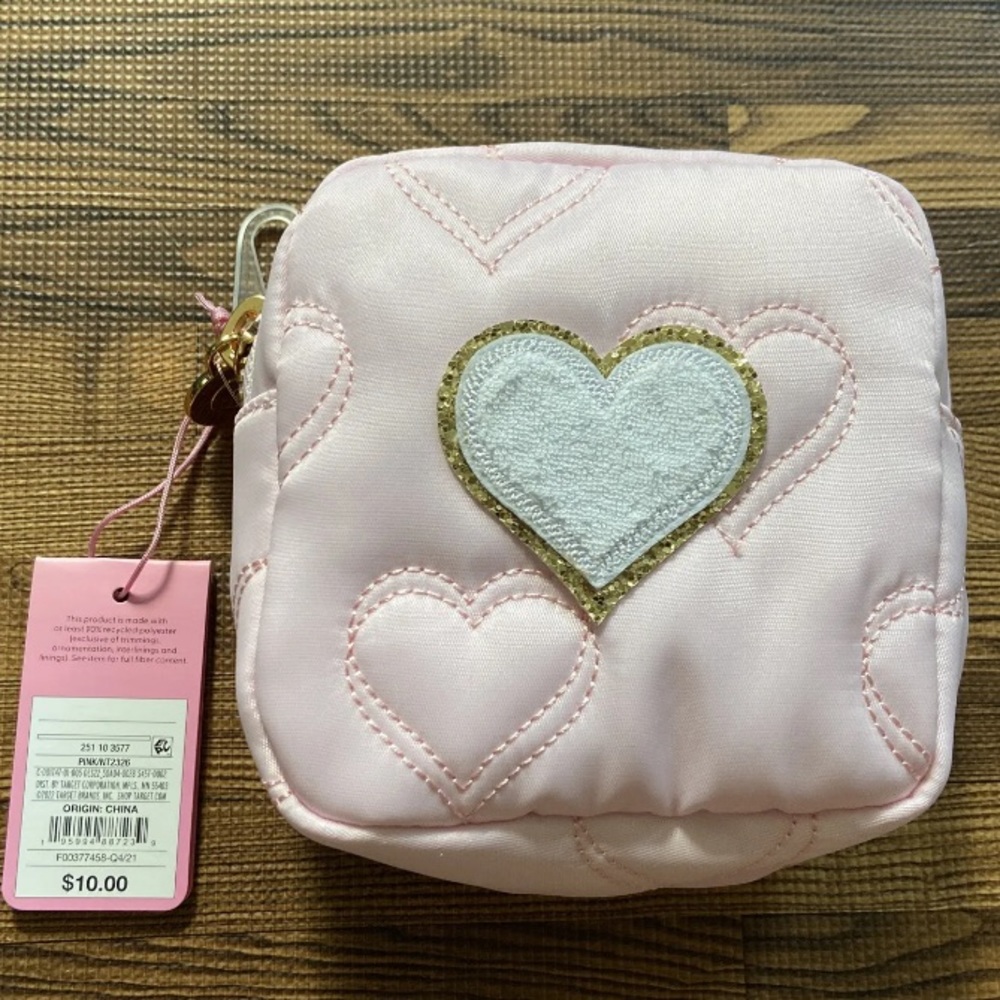 Stoney Clover x Target, pink satin pouch w quilted heart shapes